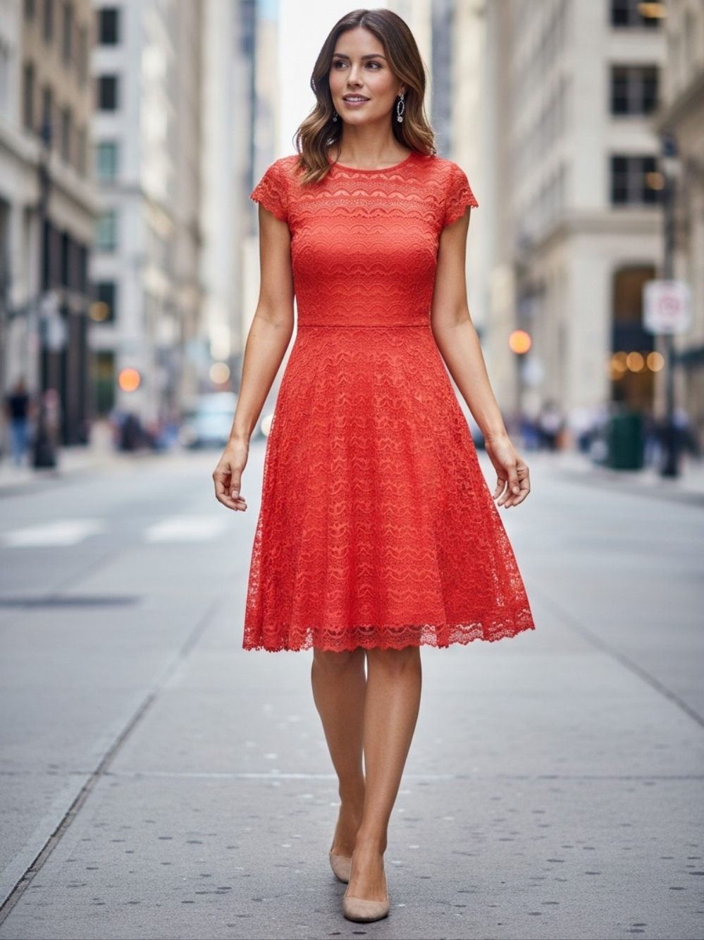 Jessica Simpson Fit & Flare Dress Coral Red Lace with Back Keyhole 10 NWT